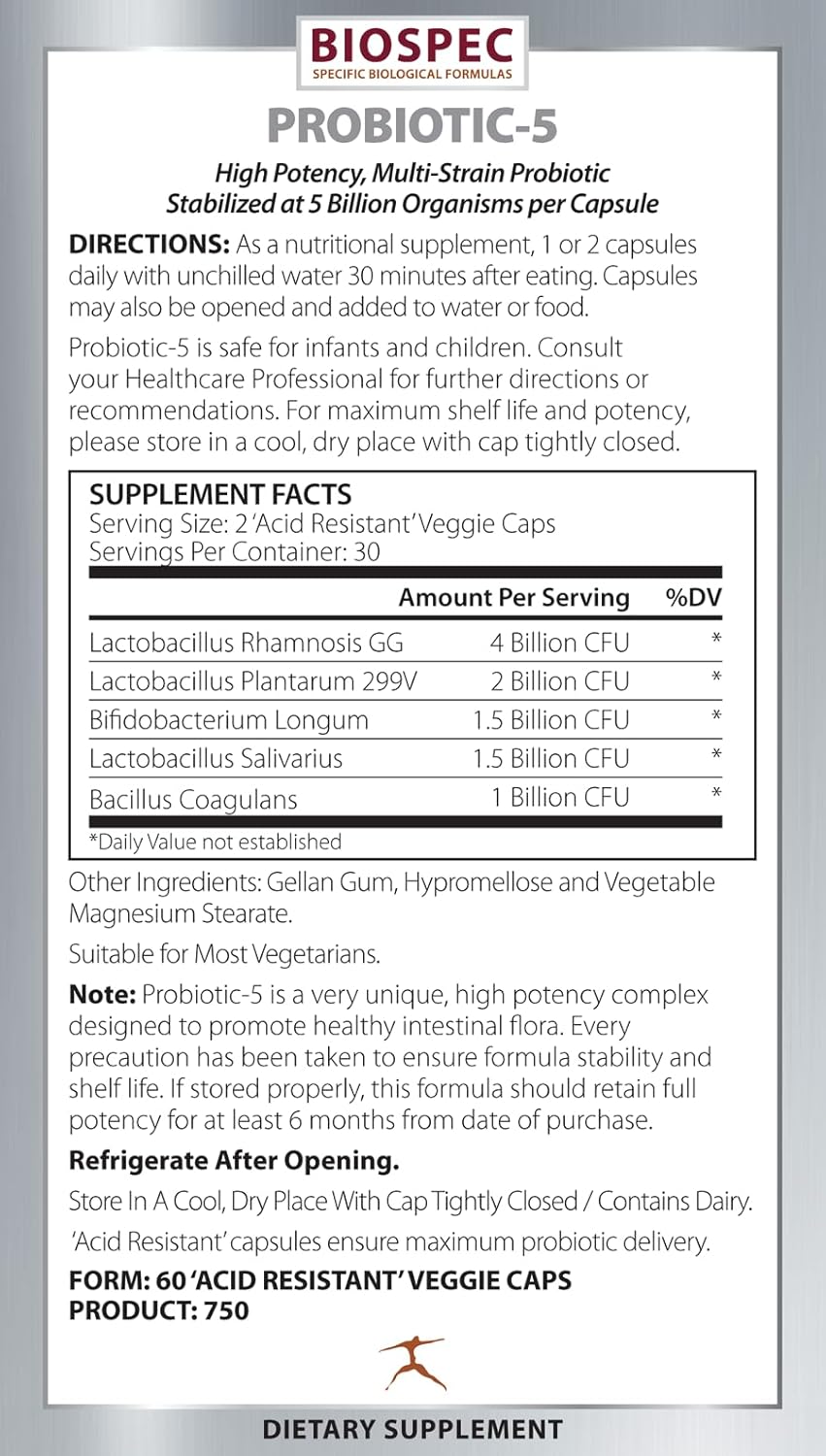 BIOSPEC NUTRITIONALS Probiotic-5 Supplement - 5 Billion Microorganisms, 5 Unique Strains per Capsule