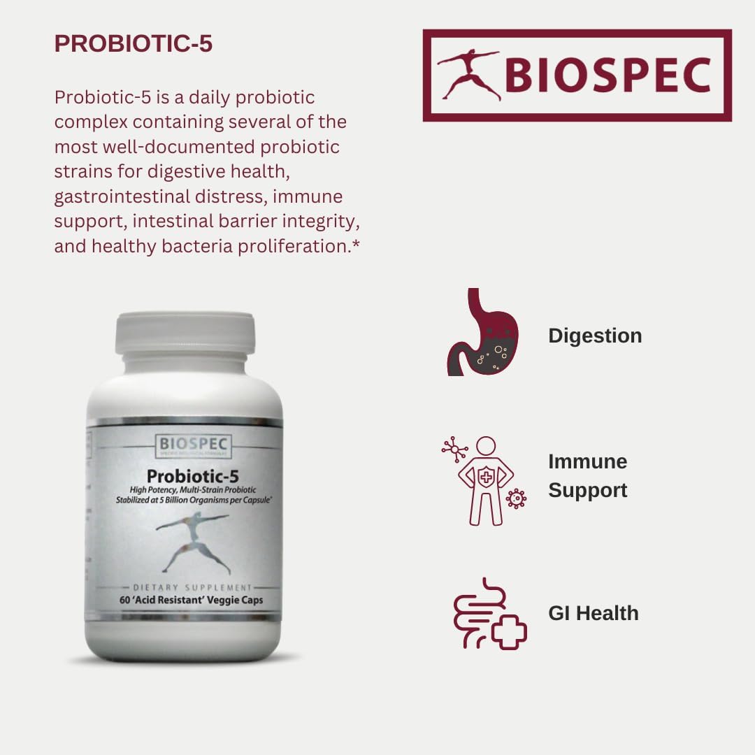 BIOSPEC NUTRITIONALS Probiotic-5 Supplement - 5 Billion Microorganisms, 5 Unique Strains per Capsule