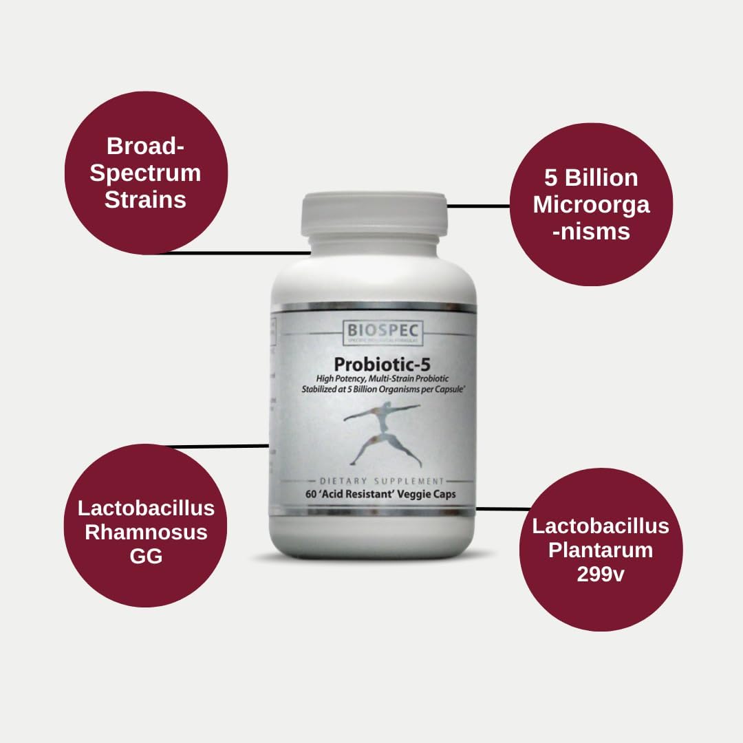 BIOSPEC NUTRITIONALS Probiotic-5 Supplement - 5 Billion Microorganisms, 5 Unique Strains per Capsule