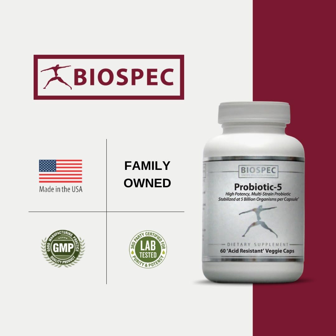 BIOSPEC NUTRITIONALS Probiotic-5 Supplement - 5 Billion Microorganisms, 5 Unique Strains per Capsule