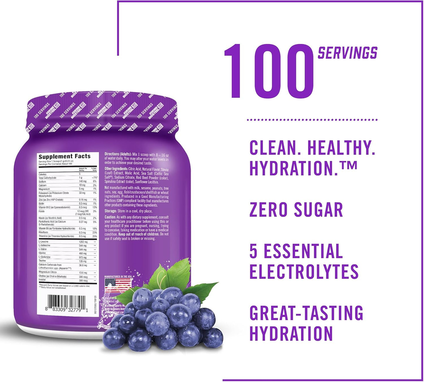 BioSteel Grape Flavor Zero Sugar Hydration Mix - 100 Servings, 5 Essential Electrolytes, Great Taste