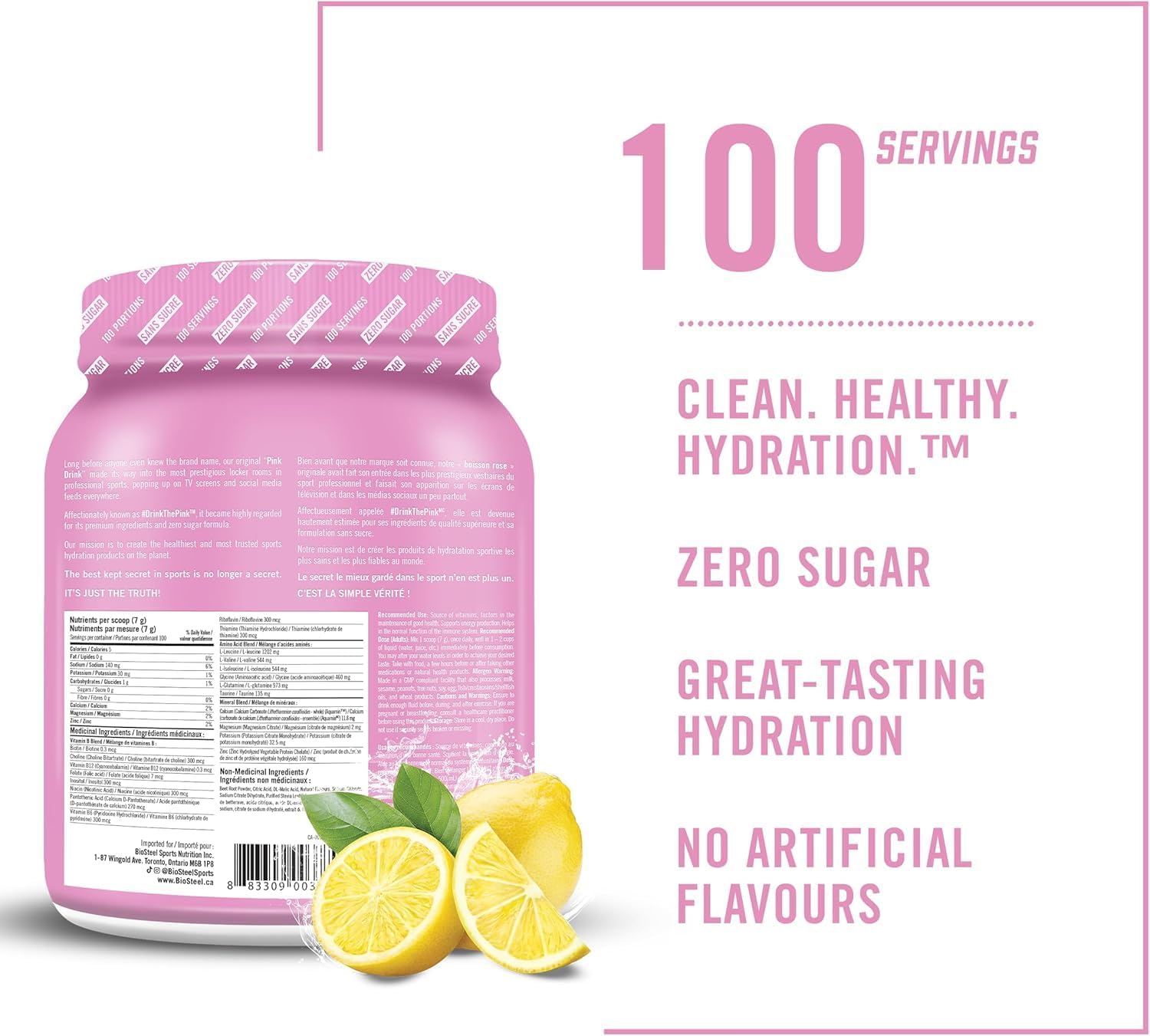 BIOSTEEL Pink Lemonade Hydration Mix, Sugar-Free with 5 Essential Electrolytes, 100 Servings
