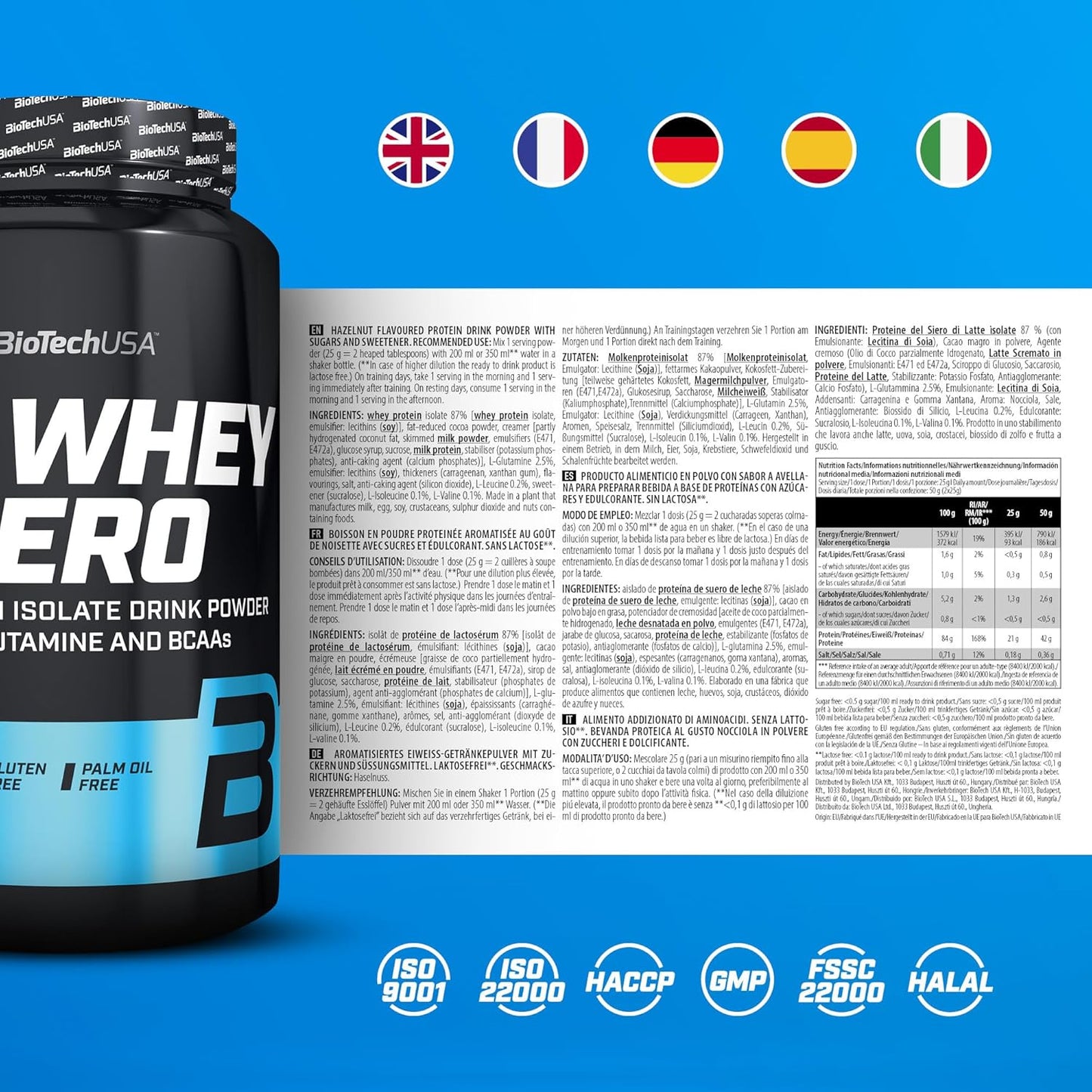 BiotechUSA IsoWhey Zero Hazelnut Flavor 908G - Lactose-Free Formula