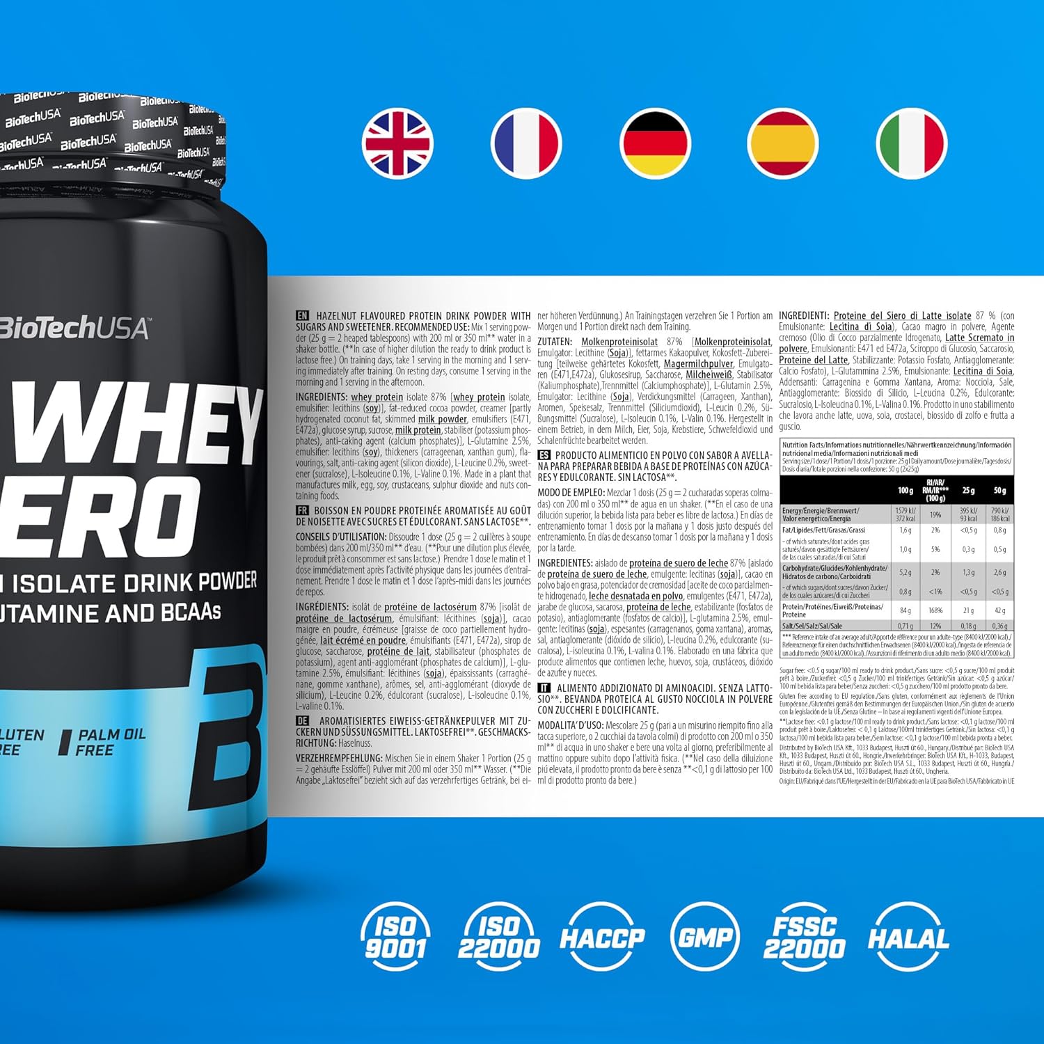 BiotechUSA IsoWhey Zero Hazelnut Flavor 908G - Lactose-Free Formula