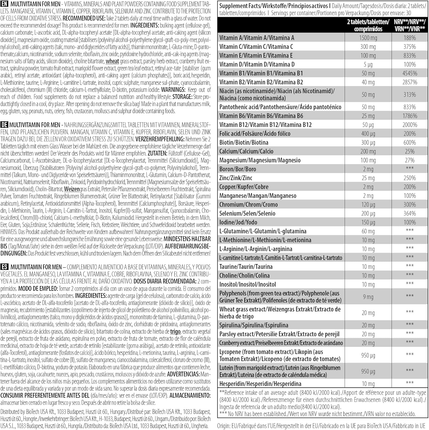 BioTechUSA Multivitamin & Antioxidant Complex for Men - 60 Tablets