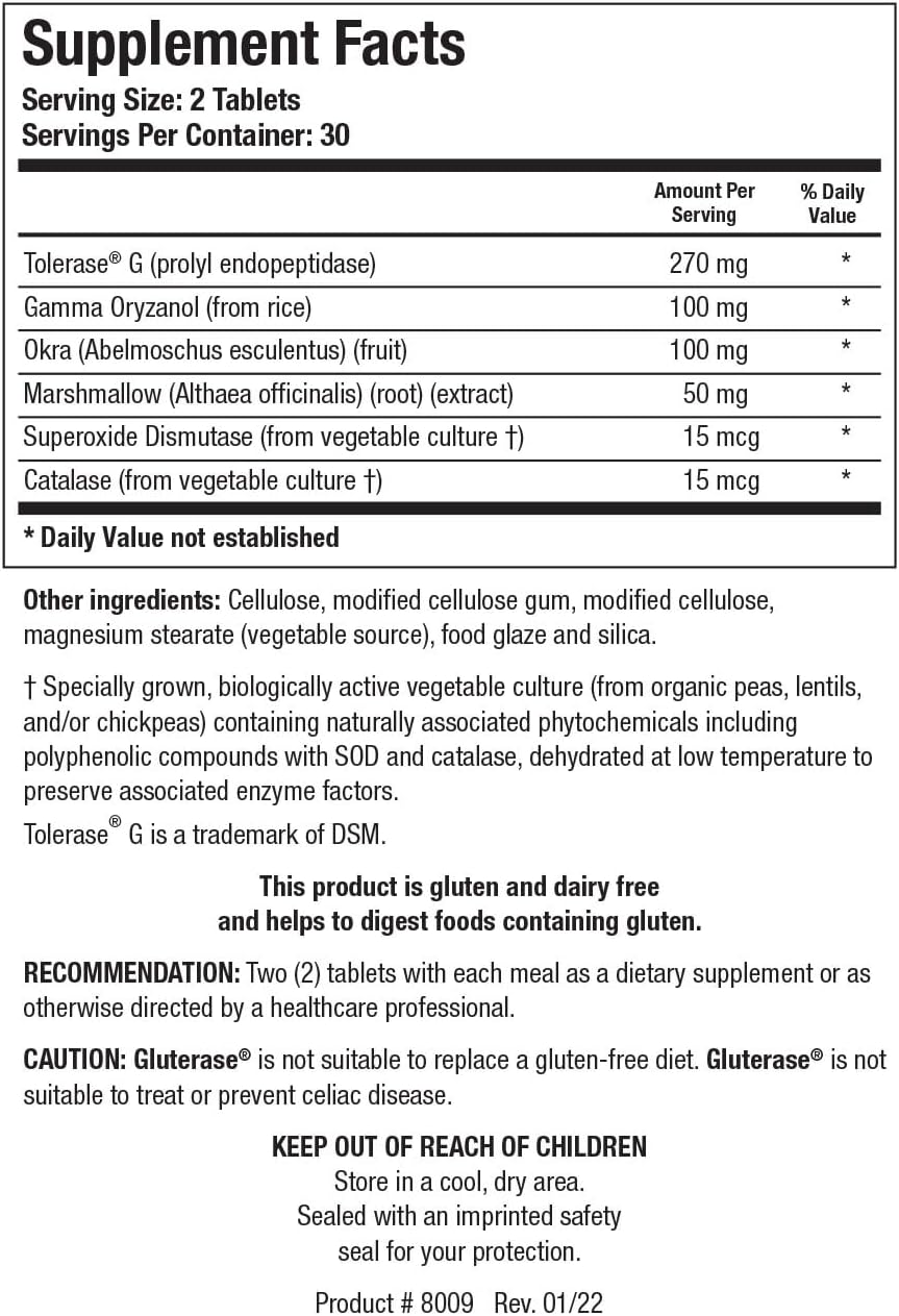 Biotics Research Gluterase Enzymes with Tolerase for Gluten Digestion, Gut-Supportive Nutrients, Okra, Marshmallow, Vitamin U Complex, 60 Tablets