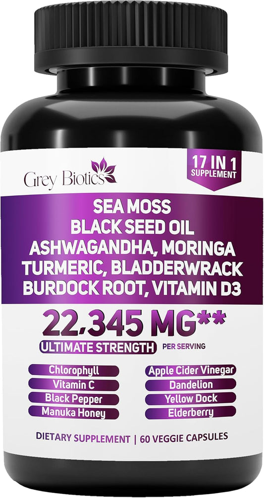 Biotics Sea Moss, Black Seed Oil, Turmeric, Ashwagandha Capsules with Moringa, Black Pepper, Vitamins - 60ct