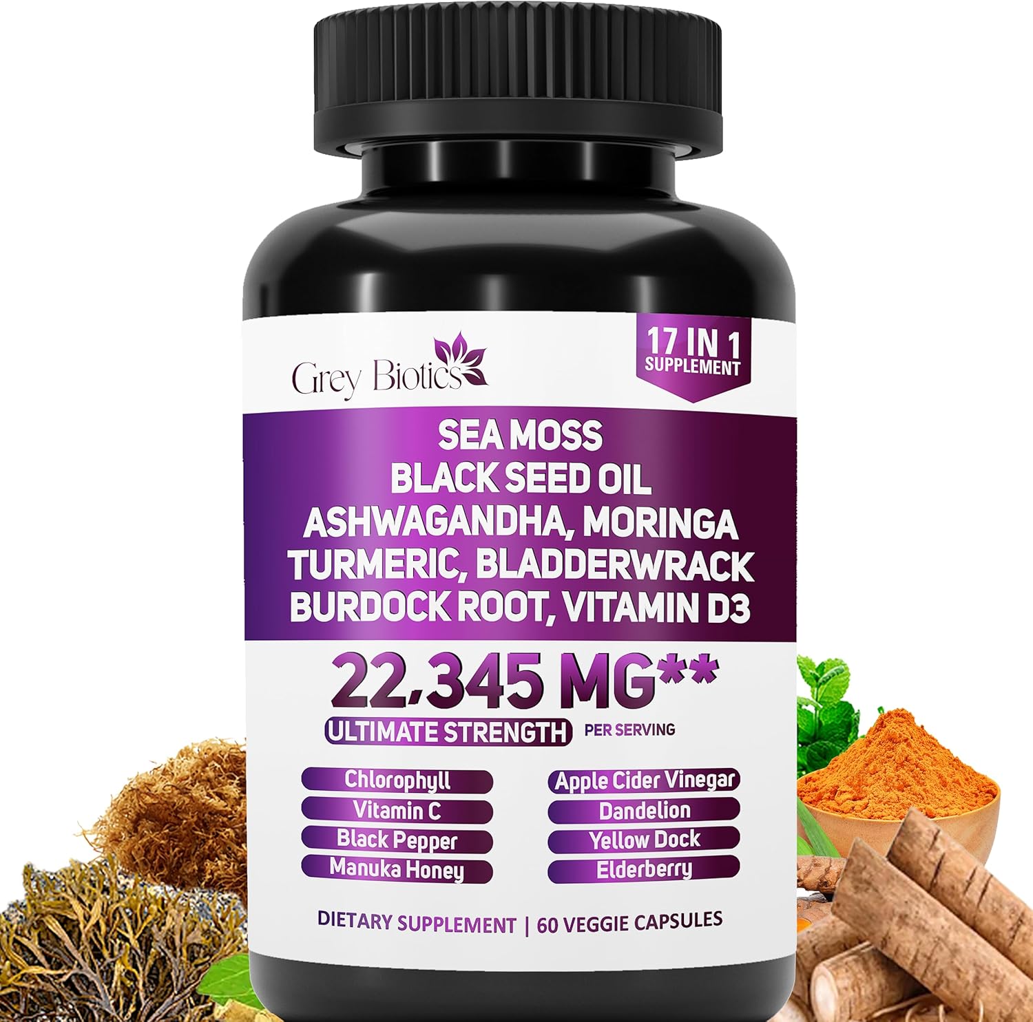 Biotics Sea Moss, Black Seed Oil, Turmeric, Ashwagandha Capsules with Moringa, Black Pepper, Vitamins - 60ct