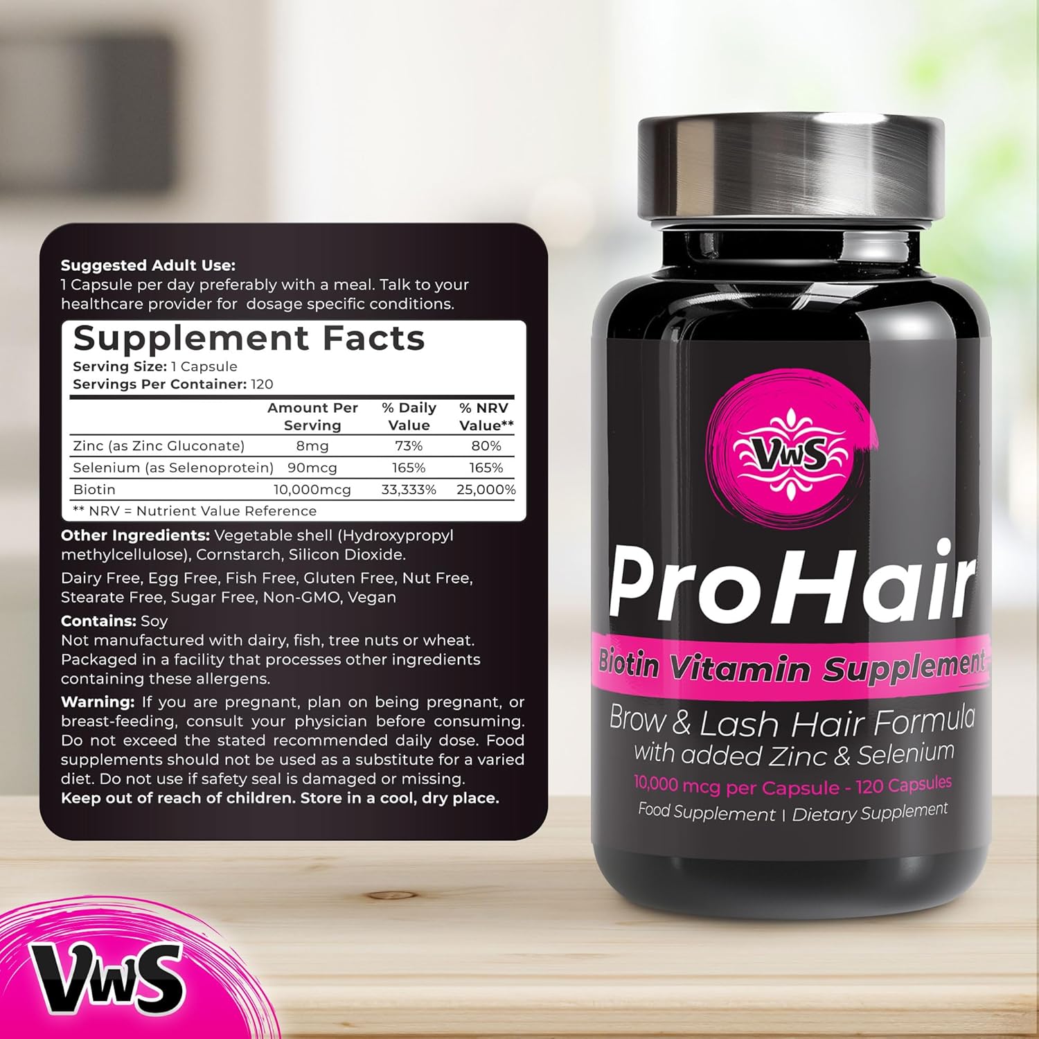 Biotin 10,000 mcg Supplement with Zinc & Selenium for Hair, Nails & Skin - 120 Vegan Capsules for Men and Women