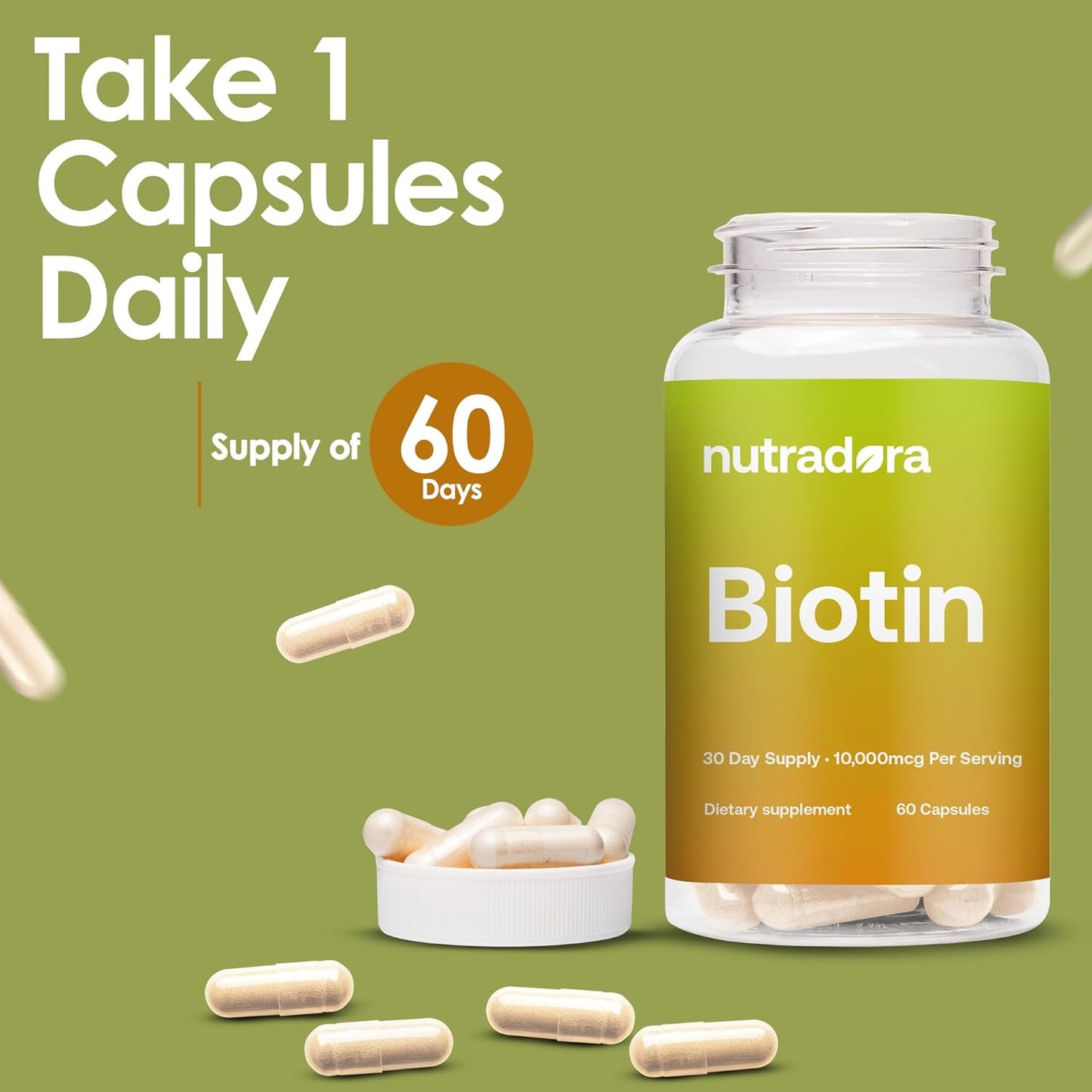 Biotin 10000mcg Capsules with Calcium for Hair Skin and Nails - Vegan Supplement for Hair Growth 60 Count