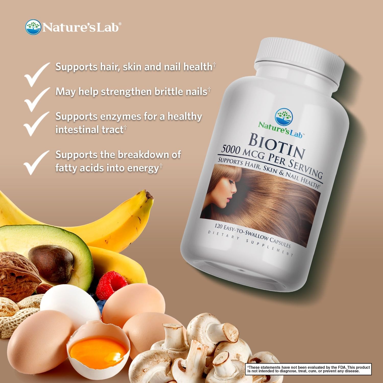 Biotin 5000 mcg Capsules - Supports Healthy Hair, Skin & Nails - 120 Count (4 Month Supply)