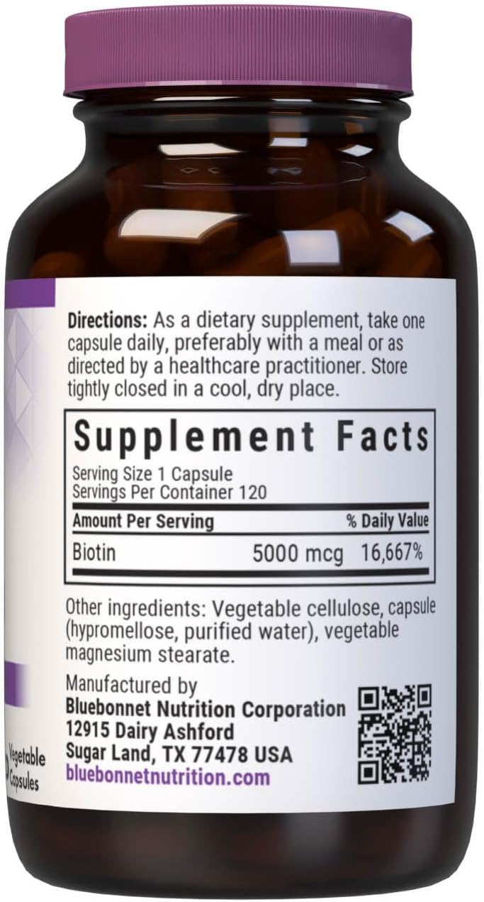 Biotin 5000 mcg for Hair & Nail Support - Non-GMO, Vegan, Kosher, Gluten-Free - 120 Vegetable Capsules