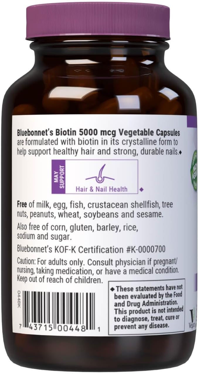 Biotin 5000 mcg for Hair & Nail Support - Non-GMO, Vegan, Kosher, Gluten-Free - 120 Vegetable Capsules