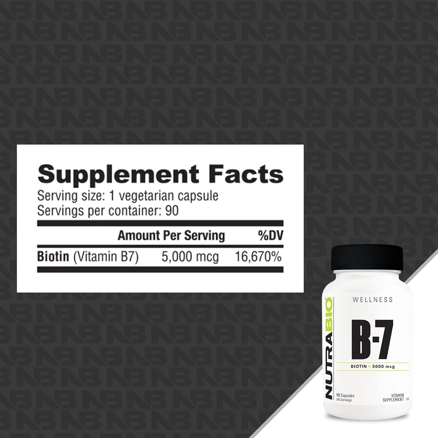 Biotin 5000mcg Supplement for Healthy Hair, Skin, and Nails - 90 Vegetable Capsules