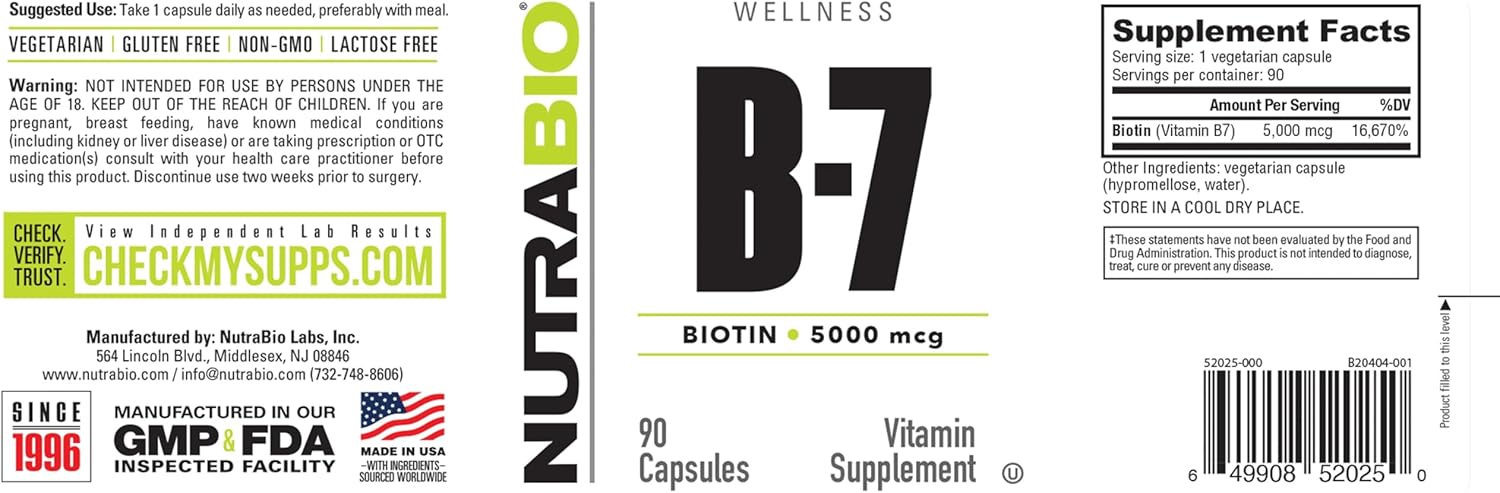 Biotin 5000mcg Supplement for Healthy Hair, Skin, and Nails - 90 Vegetable Capsules