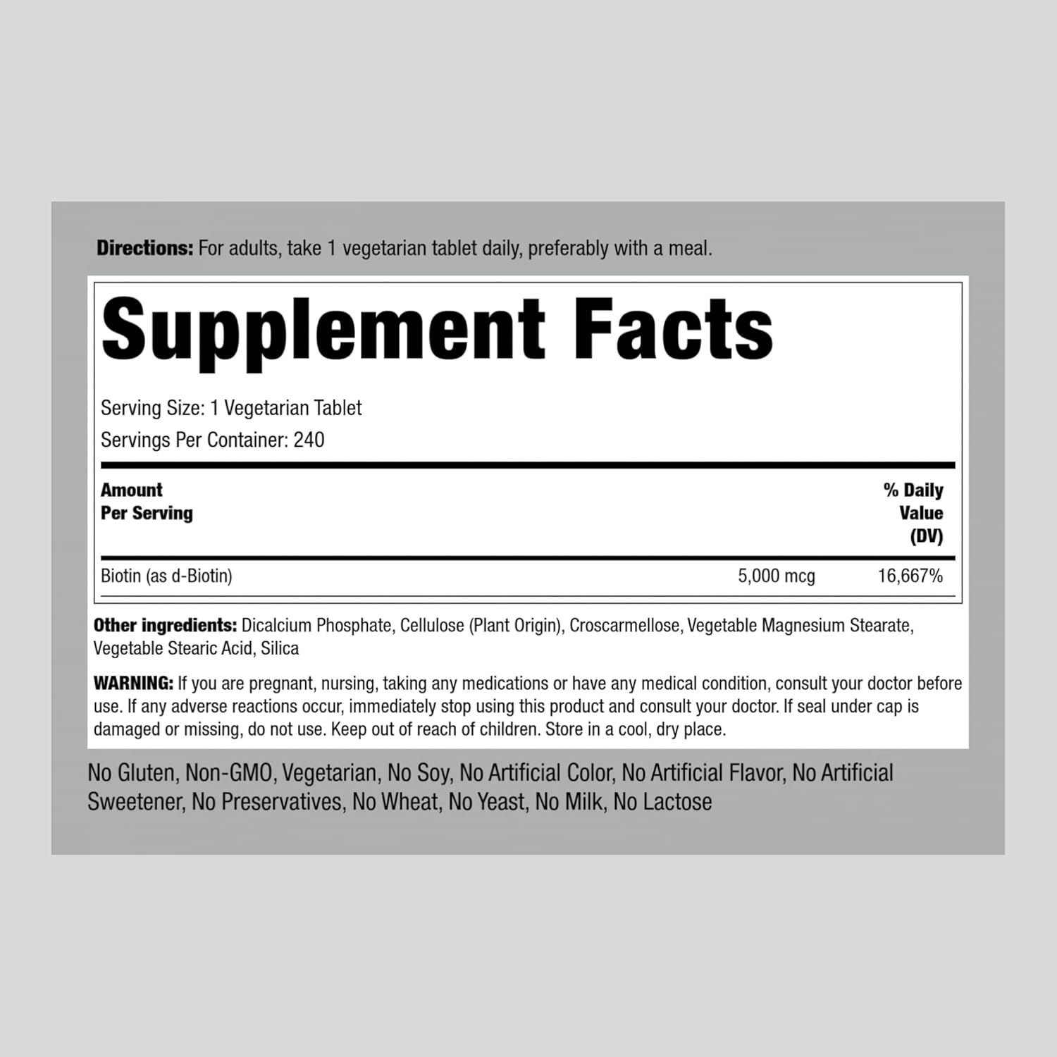 Biotin 5000mcg Tablets - 240 Count - Beauty Vitamin Supplement - Vegetarian, Non-GMO, Gluten Free