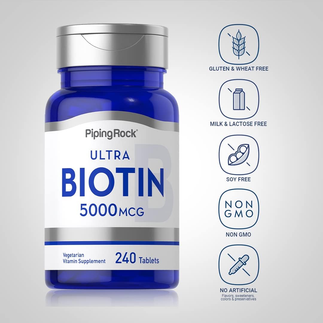 Biotin 5000mcg Tablets - 240 Count - Beauty Vitamin Supplement - Vegetarian, Non-GMO, Gluten Free