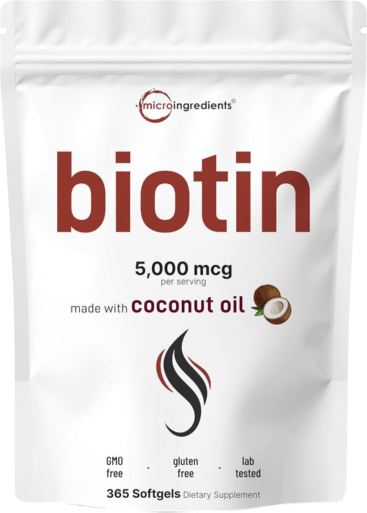 Biotin 5,000mcg with Virgin Coconut Oil Softgels - 365 Count, Fast Release for Healthy Hair, Skin, & Nails - Non-GMO, Gluten-Free - One Year Supply
