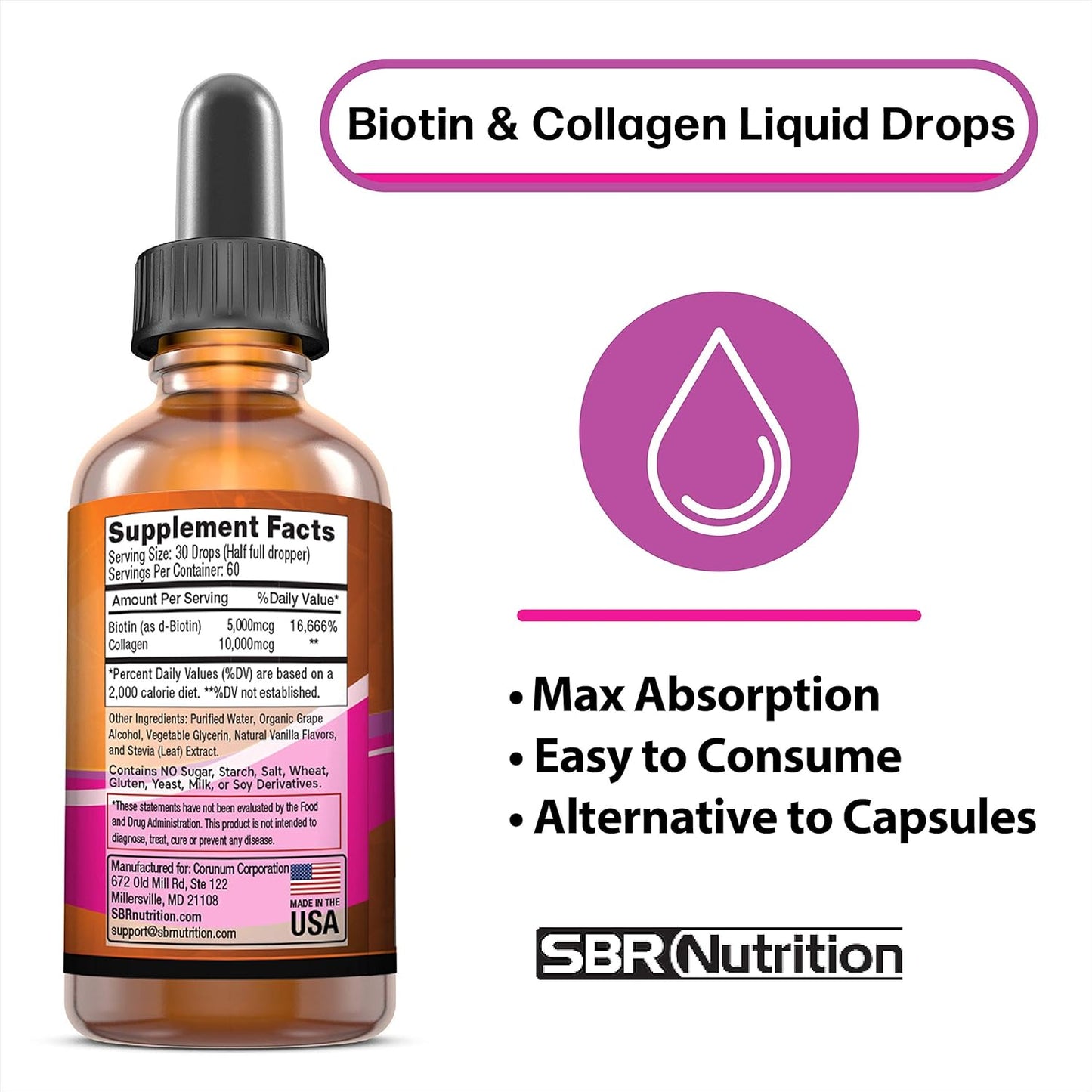 Biotin and Collagen Liquid Supplement for Hair Growth, Skin Health, and Nail Strength - 2 oz Bottle
