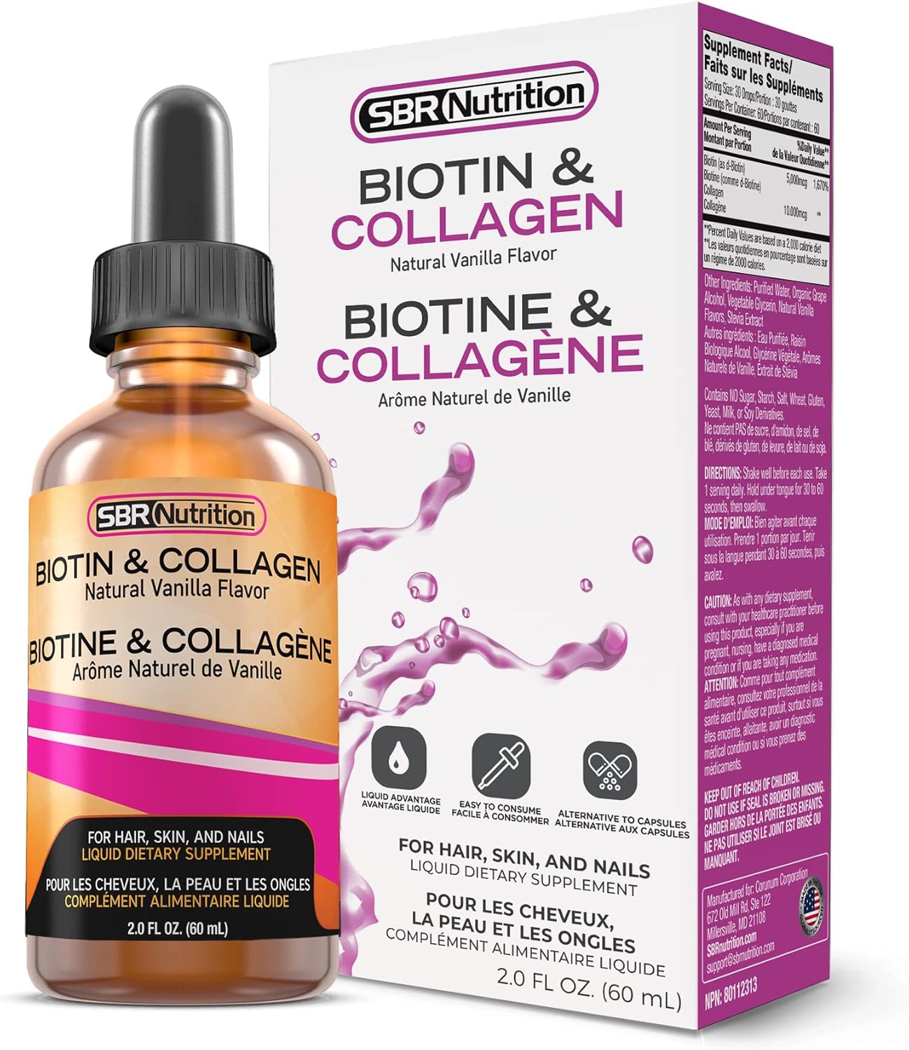 Biotin and Collagen Liquid Supplement for Hair Growth, Skin Health, and Nail Strength - 2 oz Bottle