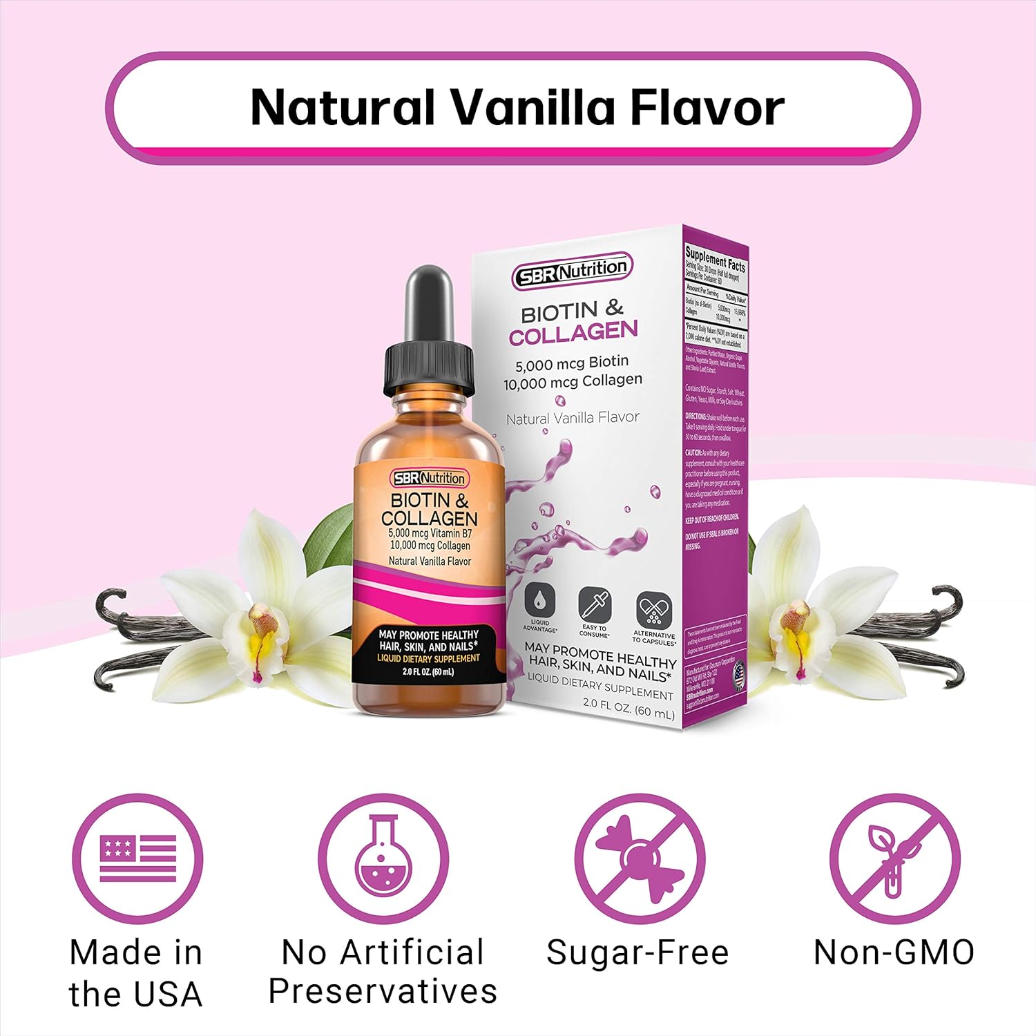 Biotin and Collagen Liquid Supplement for Hair Growth, Skin Health, and Nail Strength - 2 oz Bottle