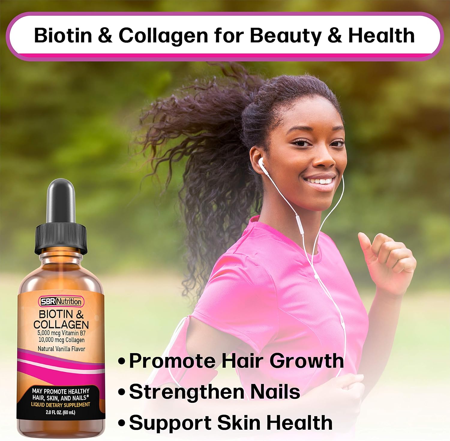Biotin and Collagen Liquid Supplement for Hair Growth, Skin Health, and Nail Strength - 2 oz Bottle