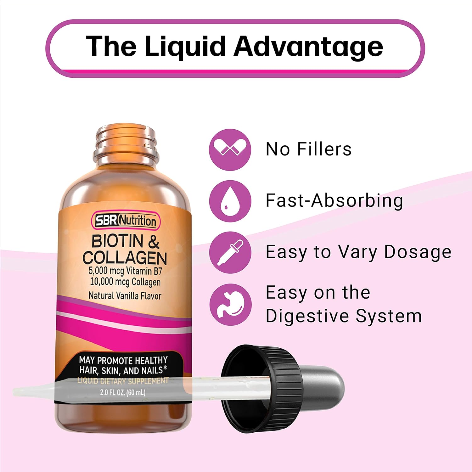 Biotin and Collagen Liquid Supplement for Hair Growth, Skin Health, and Nail Strength - 2 oz Bottle