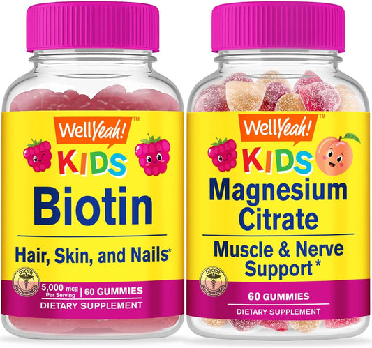 Biotin and Magnesium Citrate Gummies Bundle for Kids - Delicious Vitamin Supplement, Gluten Free, GMO Free, Chewable