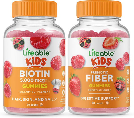 Biotin and Prebiotic Fiber Gummies Bundle for Kids - Delicious Vitamin Supplement, Gluten-Free Chewables, Non-GMO