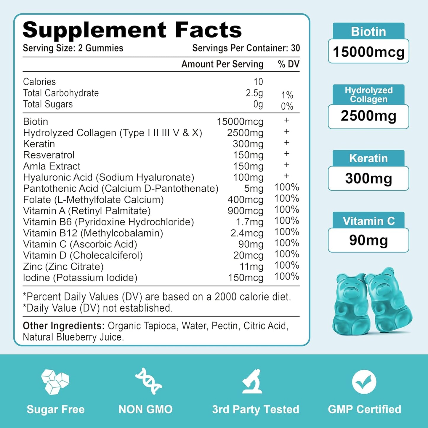 Biotin Collagen Gummies with Vitamin C for Hair Skin Nails - Blueberry Flavor, 60 Ct