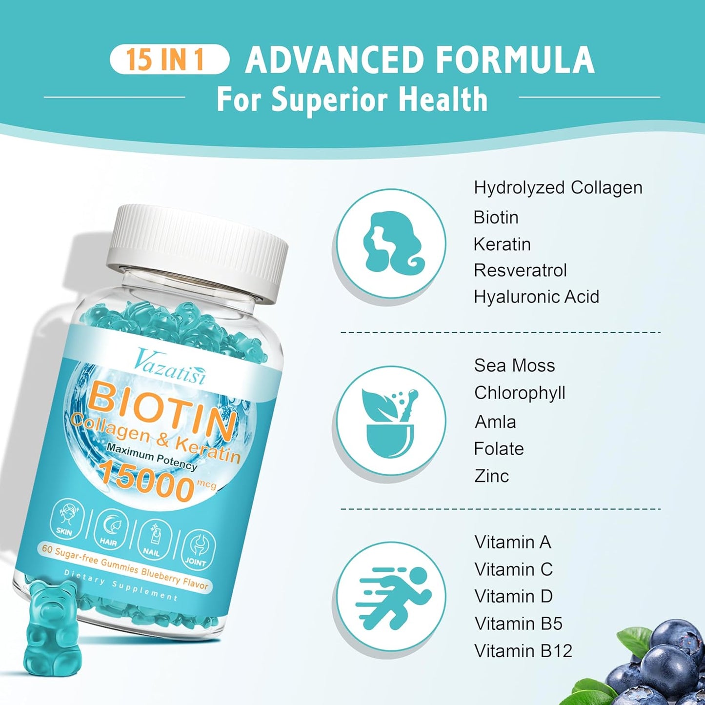 Biotin Collagen Gummies with Vitamin C for Hair Skin Nails - Blueberry Flavor, 60 Ct