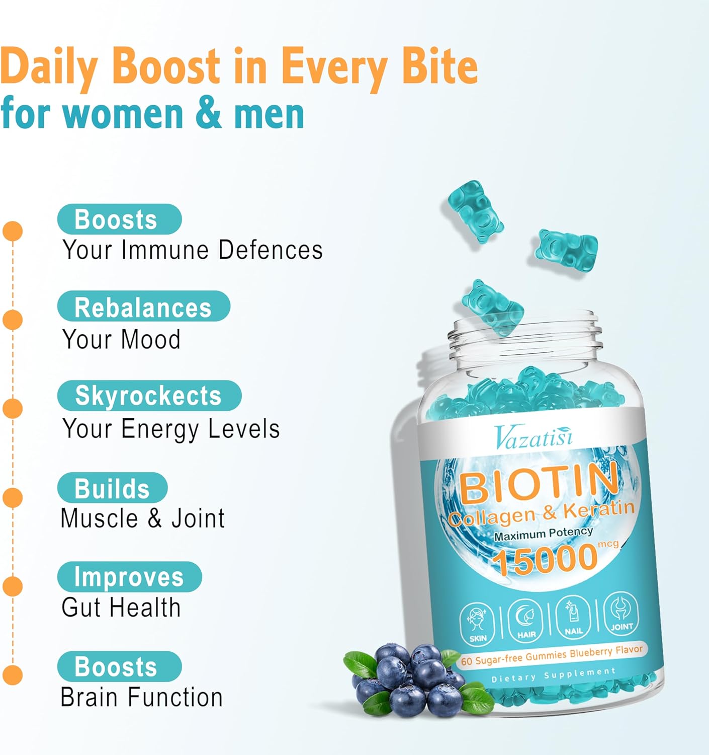 Biotin Collagen Gummies with Vitamin C for Hair Skin Nails - Blueberry Flavor, 60 Ct