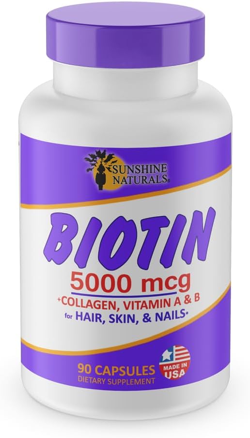 Biotin Dietary Supplement for Healthier Skin, Hair, and Nails. Enriched with Collagen, Vitamin A and B. 5000 mcg, 90 Capsules.