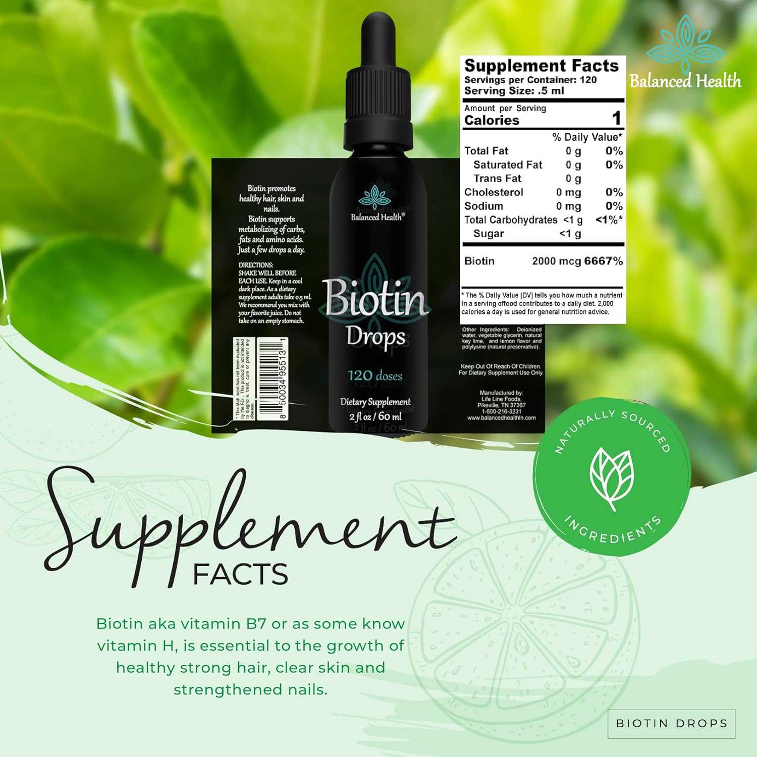Biotin Drops for Healthy Hair, Skin, and Nails - 2oz Lemon Flavor, 120 Servings