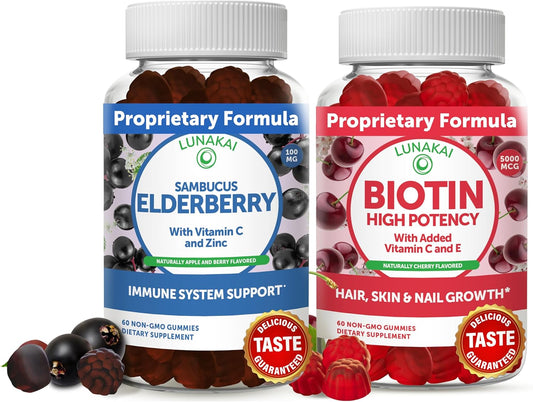 Biotin & Elderberry Gummies Bundle - Hair, Skin, Nails, Vitamin C, E - Immune Support for Adults and Kids