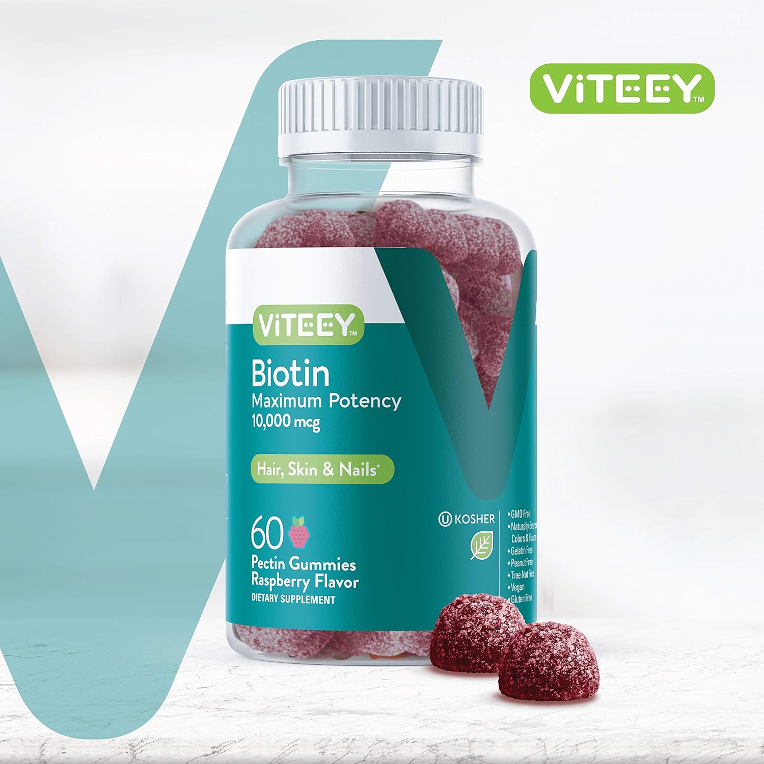 Biotin Gummies 10,000mcg for Hair Skin Nails - Hair Growth, Healthy Skin & Nails - Vegan, Gluten-Free Raspberry Flavor