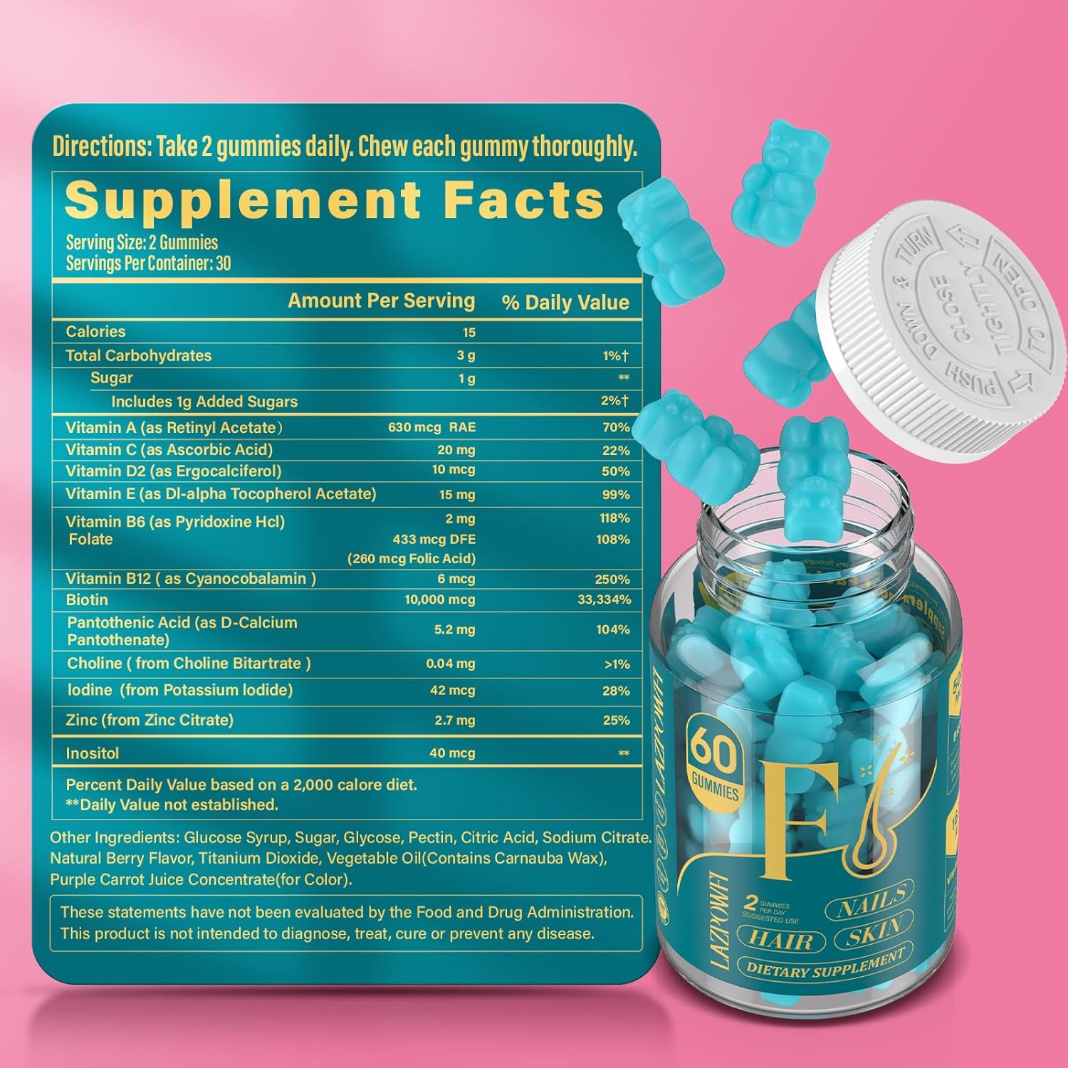 Biotin Gummies for Hair, Skin, and Nails - Vegan Vitamin B7 for Hair Growth and Stronger Nails - 90 Day Supply - Blueberry - 3 Pack