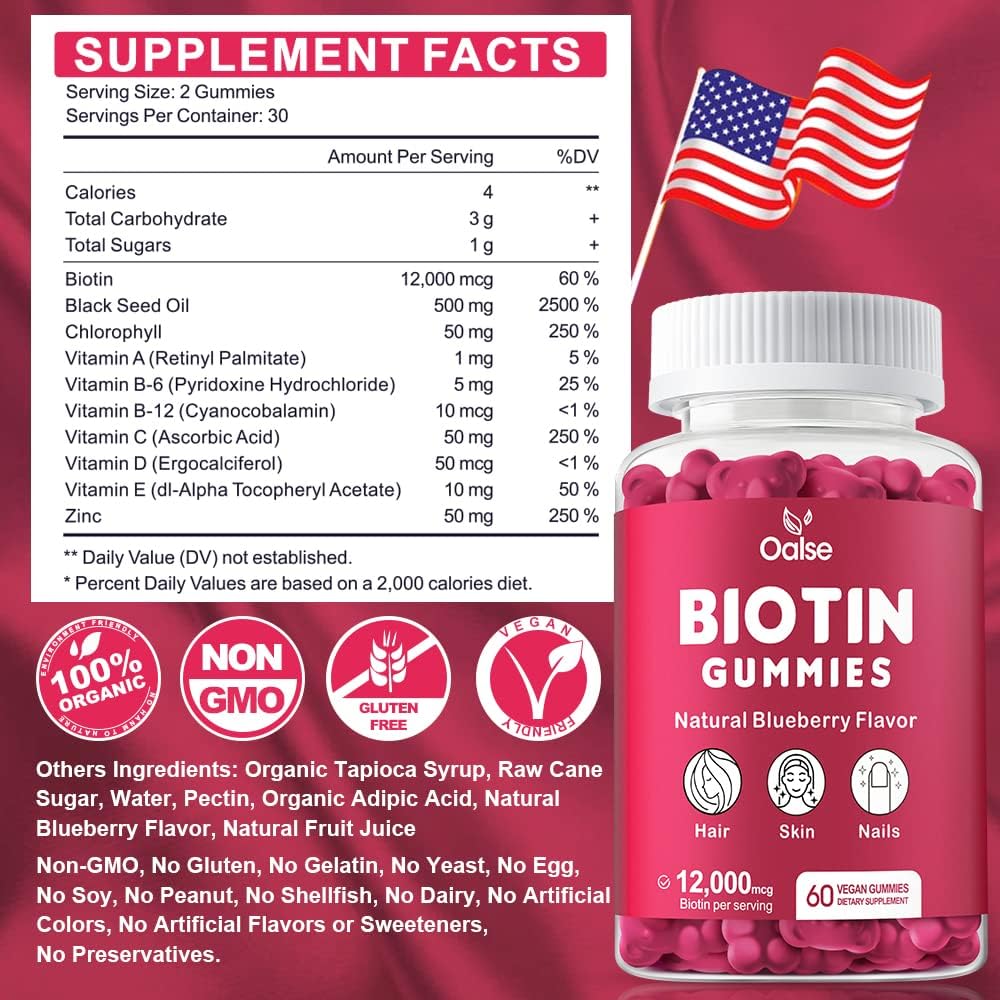 Biotin Gummies with Chlorophyll, Black Seed Oil, Multivitamins, & Zinc for Hair Skin Nails - 60 Count Pack - Women Men