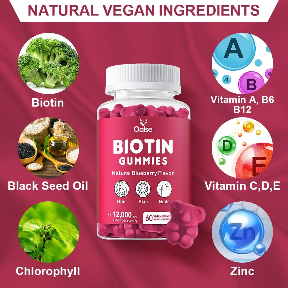 Biotin Gummies with Chlorophyll, Black Seed Oil, Multivitamins, & Zinc for Hair Skin Nails - 60 Count Pack - Women Men