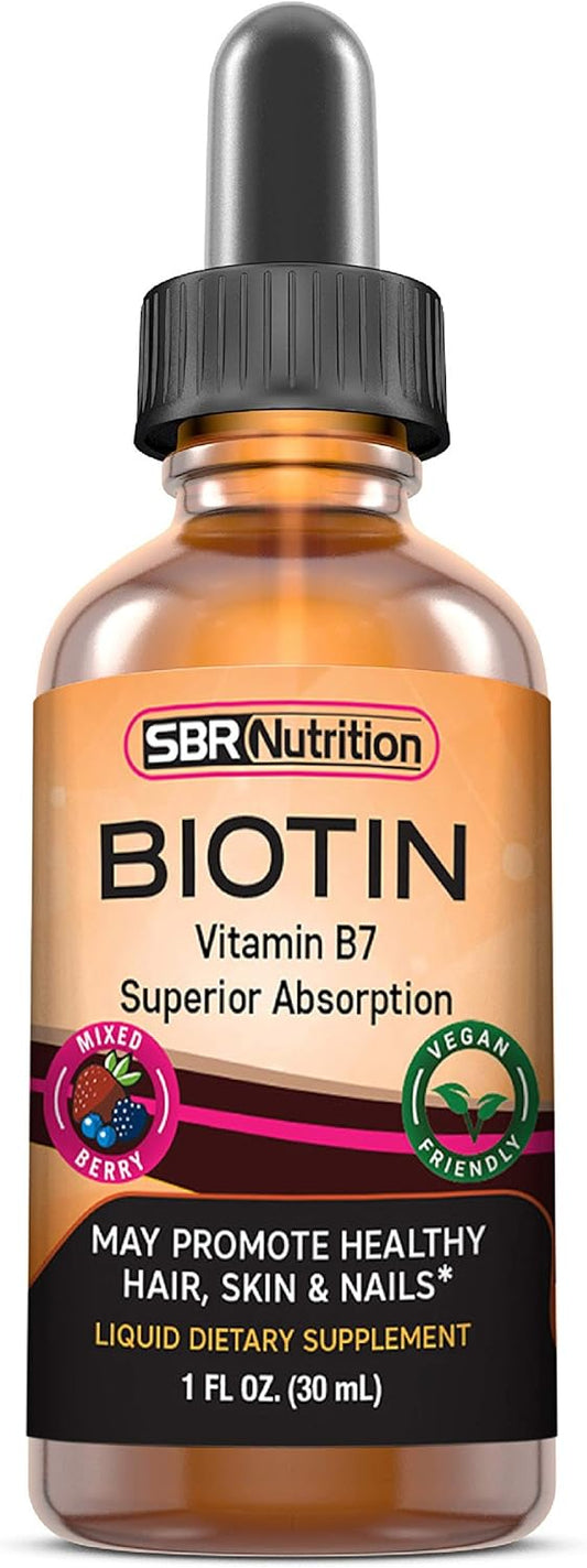 Biotin Liquid Drops for Hair Growth & Nail Strength - Mixed Berry Flavor, 5000mcg per Serving, Vegan, No Preservatives, High Absorption Formula, 60 Servings