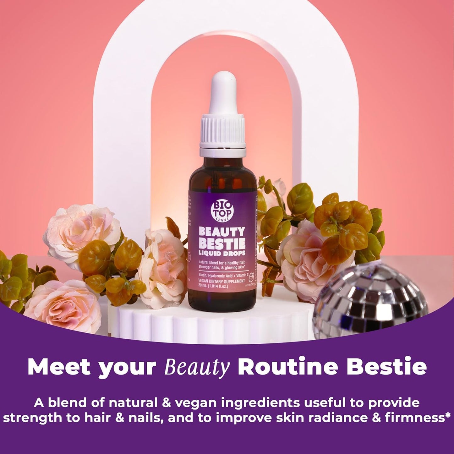 BIOTOPLEVEL Beauty Bestie Vegan Liquid Drops - Biotin, Vitamin C, Hyaluronic Acid - Supports Healthy Hair, Skin, Nails - 1 fl oz