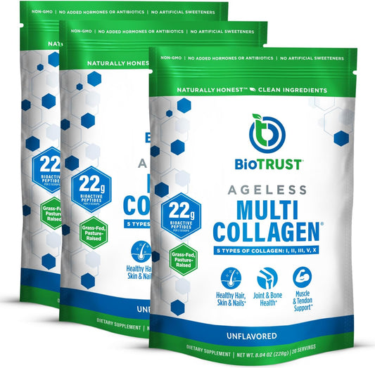 BioTrust Ageless Multi Collagen Peptides Powder 3-Pack - Unflavored Hydrolyzed Protein for Men & Women - Grass-Fed Beef, Fish, Chicken, Eggshell Membrane - 5 Types - I, II, III, V, X