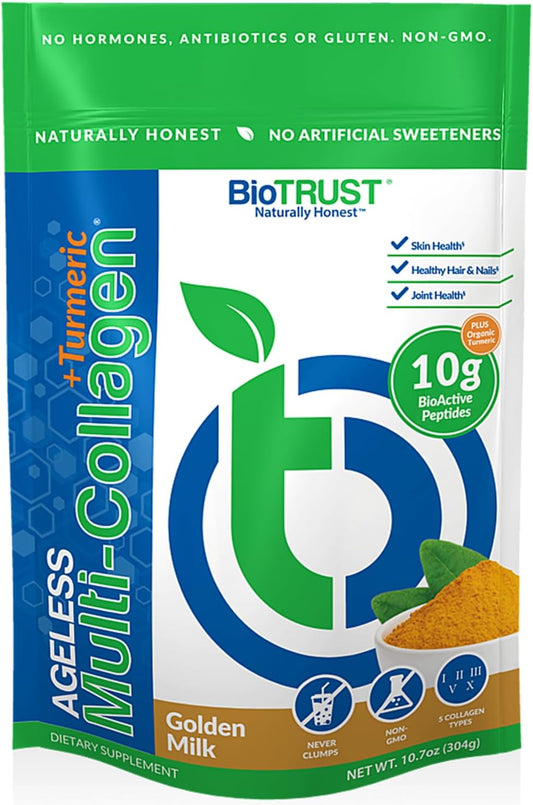 BioTrust Collagen Powder with Turmeric - 5 Types for Women & Men - Hydrolyzed Protein from Grass-Fed Sources - Golden Milk Formula