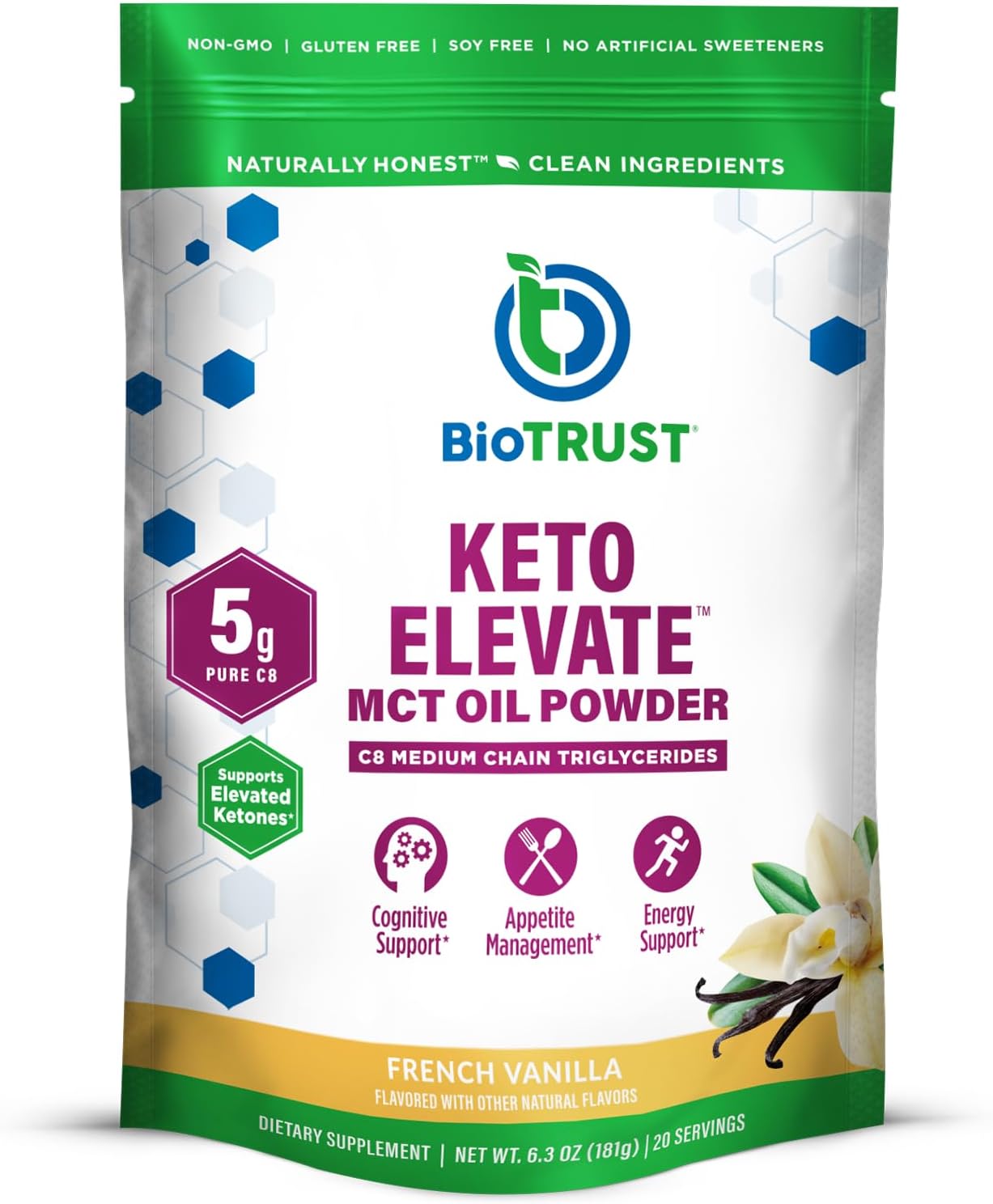 BioTrust Keto Elevate French Vanilla C8 MCT Oil Powder for Clean Energy and Mental Focus - Ketogenic Coffee Creamer with 100% Caprylic Acid MCT Powder - Non-GMO, 20 Servings