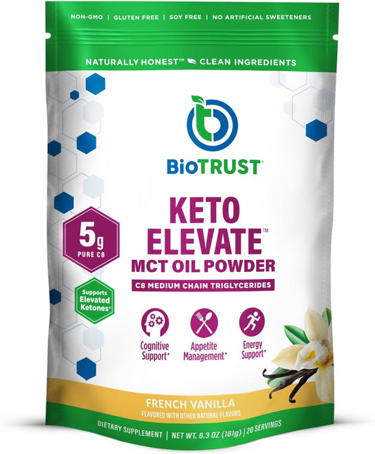 BioTrust Keto Elevate French Vanilla C8 MCT Oil Powder for Clean Energy and Mental Focus - Ketogenic Coffee Creamer with 100% Caprylic Acid MCT Powder - Non-GMO, 20 Servings