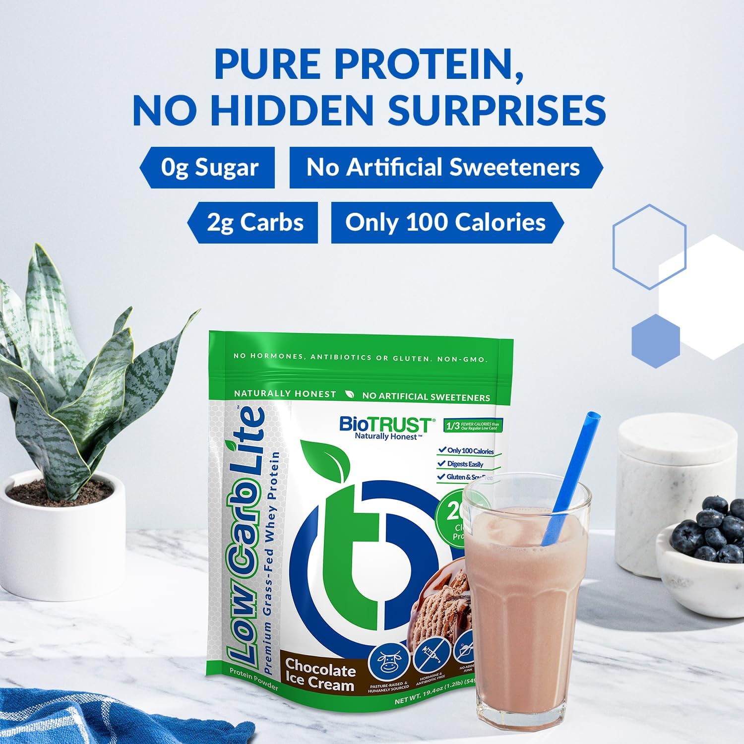 BioTrust Low Carb Lite Chocolate Ice Cream: Grass-Fed Whey Protein Isolate, 20g Protein, 100 Calories, ProHydrolase Enzymes, Non-GMO, Soy & Gluten-Free