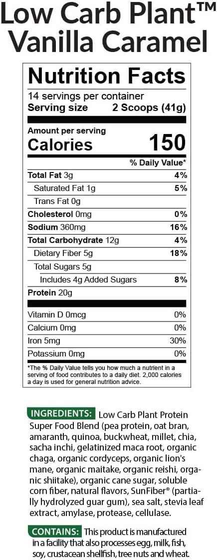 BioTrust Low Carb Plant Protein Shake - Vanilla Caramel Flavor, 20g Protein, 5g Fiber, 15 Superfoods, Vegan & Dairy-Free - 14 Servings
