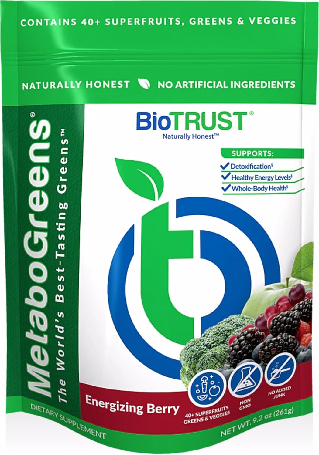 BioTrust Metabo Greens Superfood Powder - Energizing Berry Flavor, Clinically Studied Spectra Blend - Non GMO, Soy Free, Gluten Free, Dairy Free - 30 Servings