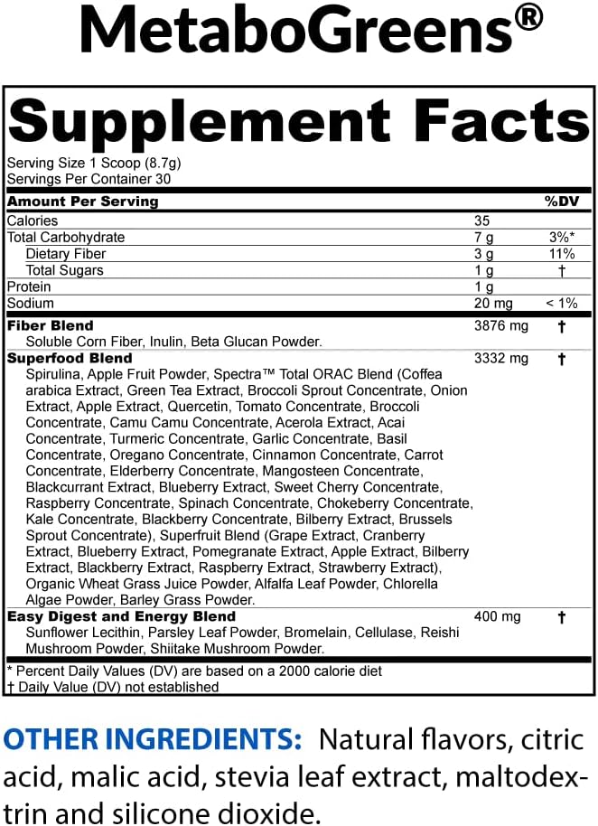 BioTrust Metabo Greens Superfood Powder - Energizing Berry Flavor, Clinically Studied Spectra Blend - Non GMO, Soy Free, Gluten Free, Dairy Free - 30 Servings