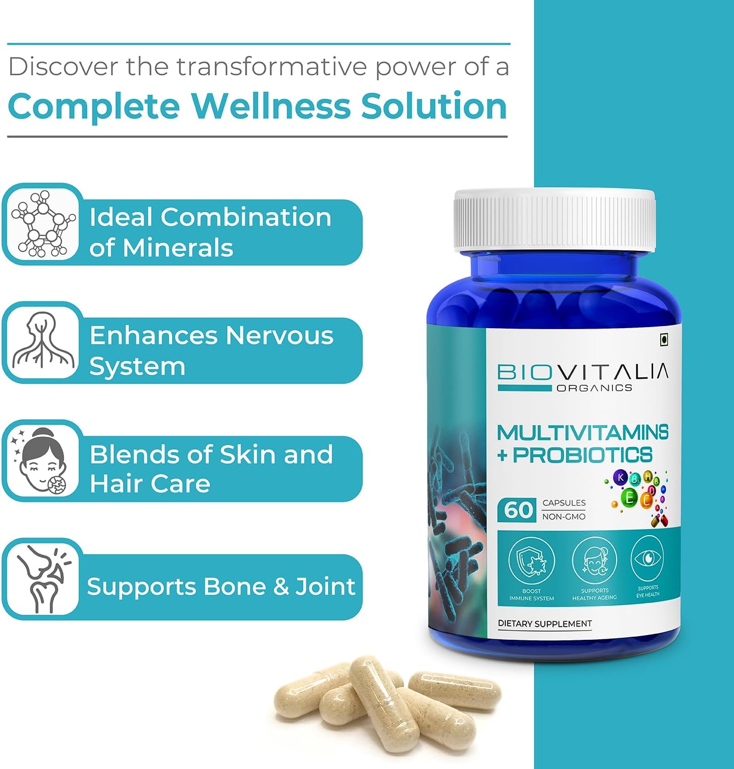 Biovitalia Organics Multivitamin Probiotic Supplement Boosts Immunity & Digestion - 60 Veg Capsules - BoostGo Australia